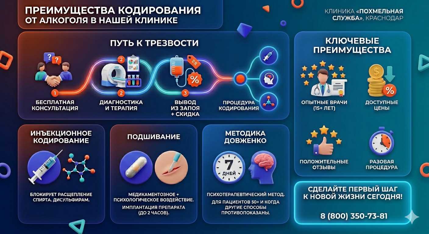 Инфографика о методах кодирования от алкоголя в Мокшане: инъекции, подшивание, метод Довженко. Преимущества клиники и этапы лечения.